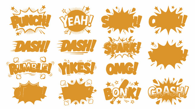 Orange and yellow comic book sound effects bubbles set.