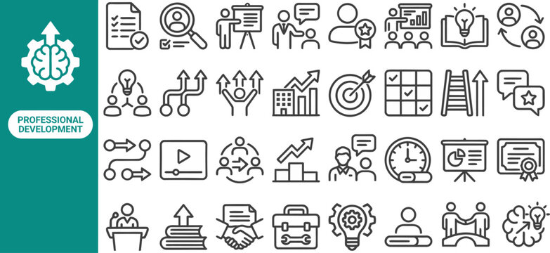 Skill Training and Career Coaching outline icon set. Featuring lightbulb, target, gear, growth, and briefcase symbols. Editable stroke vector icons for HR onboarding and learning management app.