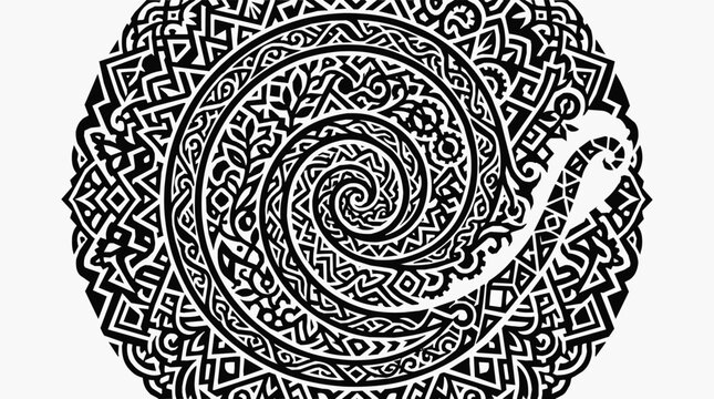 Intricate tribal maori spiral pattern and ethnic circular ornament with cultural geometric symbols for tattoo and decorative design