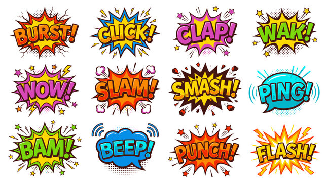 Pop art style comic speech bubbles with action words.