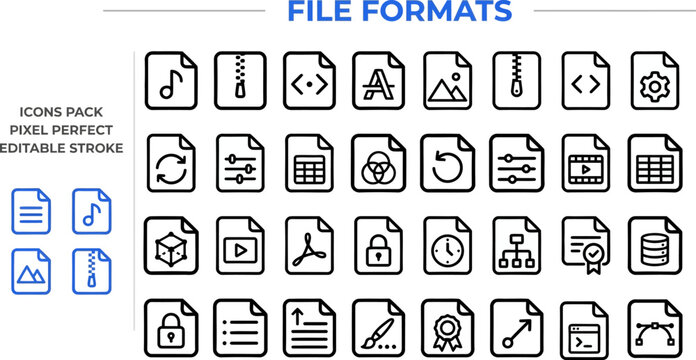 Multimedia Format and Document Type outline icon set. Featuring audio, video, code script, archive, and PDF symbols. Editable stroke vector icons for cloud storage interface and download manager app.