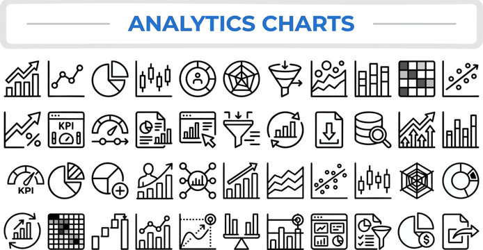 Data Analytics and KPI Dashboard outline icon set. Featuring bar chart, pie graph, line trend, funnel, and scatter plot symbols. Editable stroke vector icons for reporting tool and BI software.