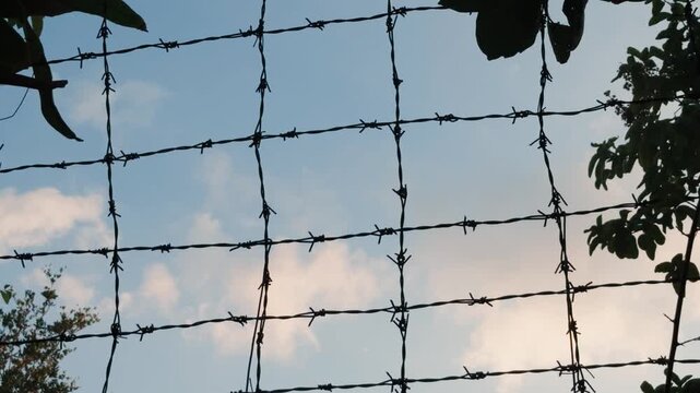 Barbed wire creating an imposing grid silhouette. Representing themes of security. Restriction. And entrapment against a soft sky with clouds. Highlighting the contrast between freedom and containment