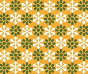 Fototapeta premium A vibrant seamless vector pattern featuring stylized star-shaped flowers in alternating green and white colors. The design is set against a warm yellow background creating a cheerful and modern 