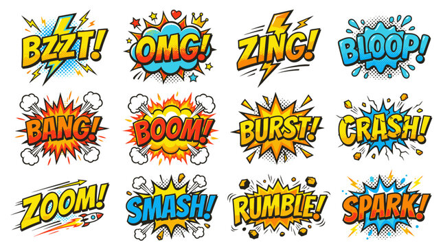 Vibrant pop art comic sound effects and explosion bubbles.