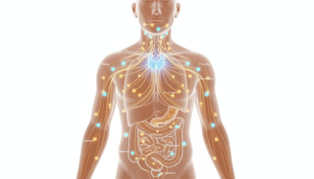 Medical illustration of human endocrine and lymphatic system with glowing glands and organs