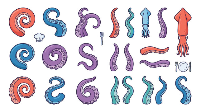 Cartoon octopus tentacles and squid seafood vector set