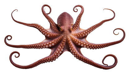 Red octopus with eight arms spread wide, showing suckers © Ivan