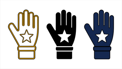 Fototapeta premium Three glove icons with stars in outline solid black and blue styles.