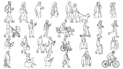 Fototapeta premium Diversity - Diverse Crowd of People and Daily Activities Sketches Featuring a Collection of Urban Lifestyle Characters in Hand-Drawn Line Art