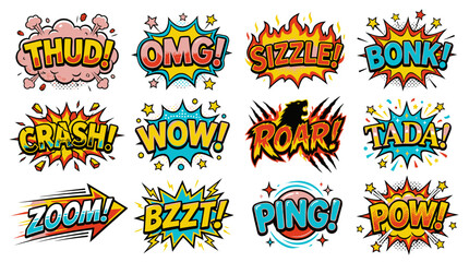 Fototapeta premium Primary colored comic book blast bubbles with roar and crash.