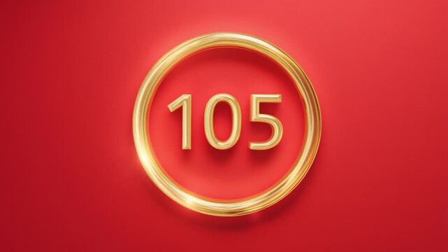 Golden Number 105 in Circle on Red Background Motion Loop