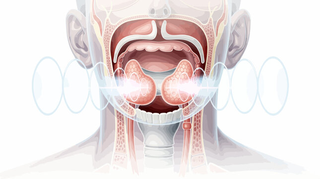 Medical illustration showing tonsil therapy and laser treatment in human throat anatomy