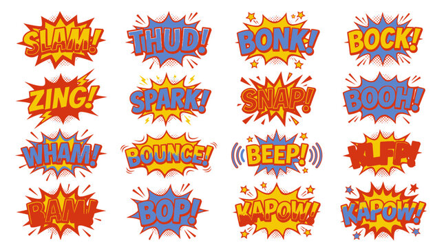 Retro comic book sound effect bubbles with slam and bonk.
