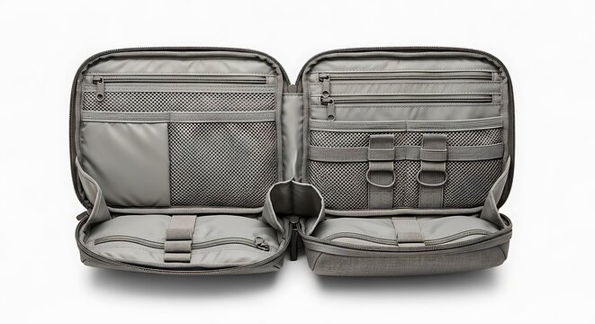 Open travel organizer bag with many pockets and compartments for electronics and small accessories. basic travel pouch