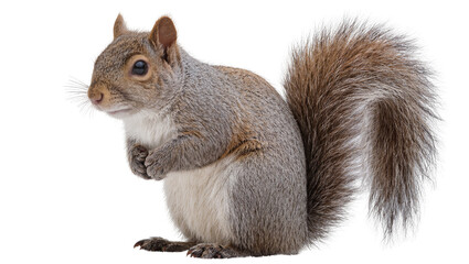 Gray squirrel with bushy tail sitting on white © Ivan