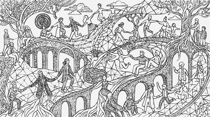 Obraz premium Intricate community drawing of people holding hands, symbolizing unity and connection within a complex, patterned landscape of bridges and trees.