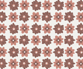 A repeating pattern of charming simplified retro flowers in muted mauve brown and cream creating a nostalgic and elegant surface design suitable for stationery or textiles. © Rifat