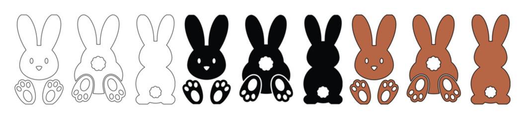 Fototapeta premium Cute Easter Bunny Vector Set, adorable rabbit silhouettes and outlines, perfect for holiday crafts, kids' designs, and spring celebrations, featuring black, brown, and white variations