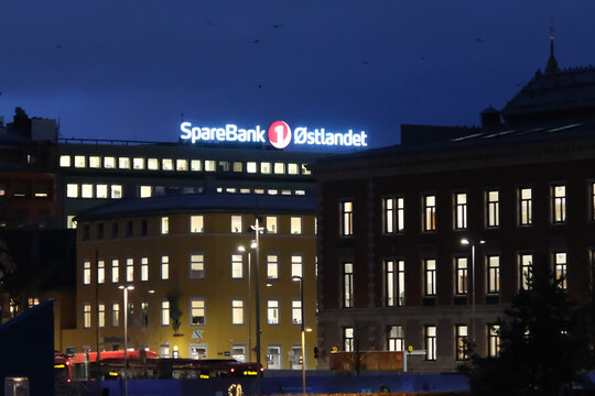 Oslo, Norway-Nov.25th 2025: SpareBank 1 &Oslash;stlandet bank sign on buildings in downtown Oslo at night