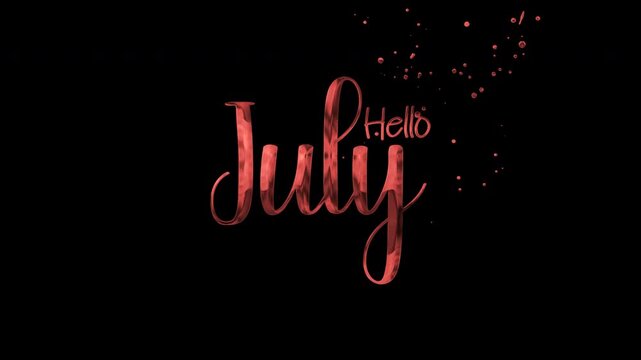 Red cursive lettering with sparkles on black background for july hello greeting. Suitable for holiday designs, cards, posters, and social media.