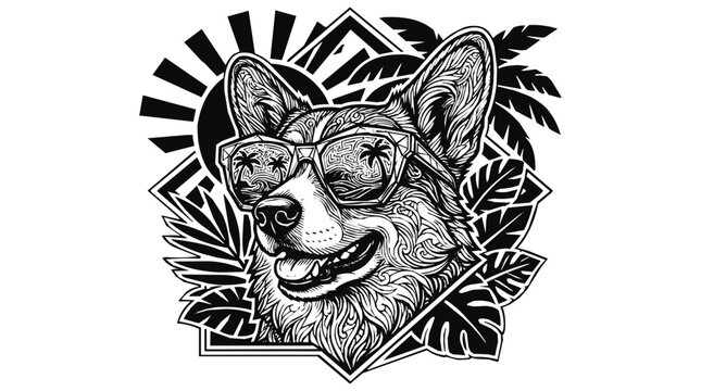 Detailed Corgi wearing sunglasses in a tropical dog illustration featuring palm leaves and a summer sun background