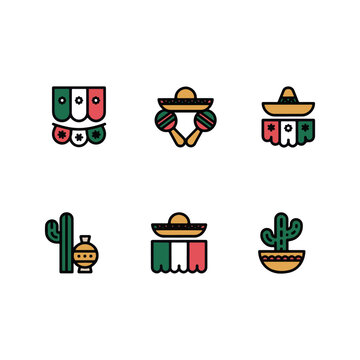 Set of six Mexican cultural icons with flags and sombreros Keywords: Mexico, Mexican, culture