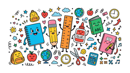 Cute School Supplies Celebration: A vibrant and whimsical collection of anthropomorphic school supplies, including notebooks, pencils, rulers, glue, books, and backpacks. © hafeza