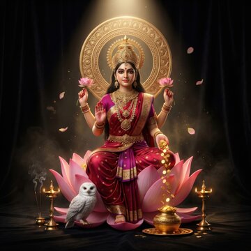 Goddess lakshmi sitting on lotus flower with golden coins and owl symbolizing prosperity and divine wealth for spiritual celebration in traditional indian attire with ornate jewelry