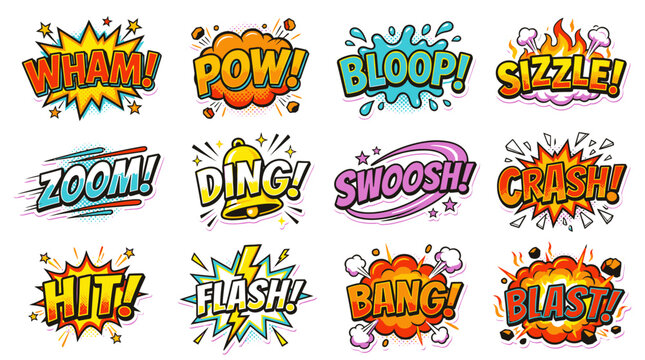 Pop art comic speech bubbles with pow and sizzle.