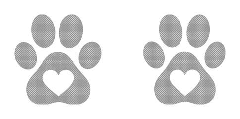 Fototapeta premium Cute pet paw print vector icon, gray animal footprint with heart symbol, adorable dog or cat paw graphic for veterinary, pet care, and animal love designs