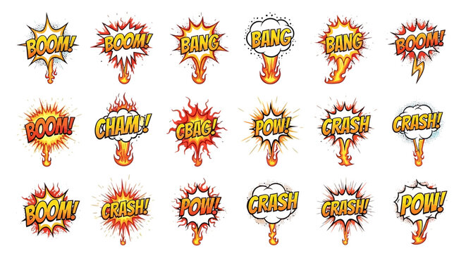 Comic Book Action Sound Effects and Explosion Burst Icons Set