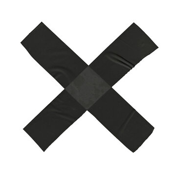 Black crumpled cross shape duct tape stripes isolated. Sticky adhesive tape cross.