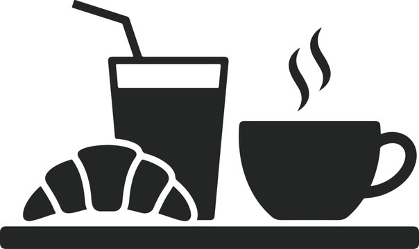 Breakfast icon with croissant, glass of juice and hot coffee cup