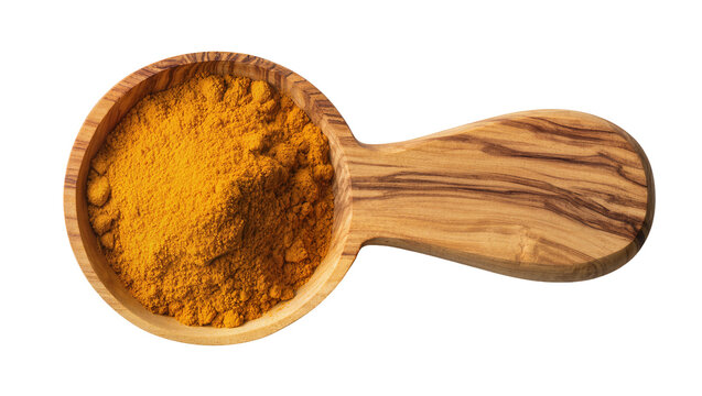 Wooden scoop filled with bright yellow turmeric powder