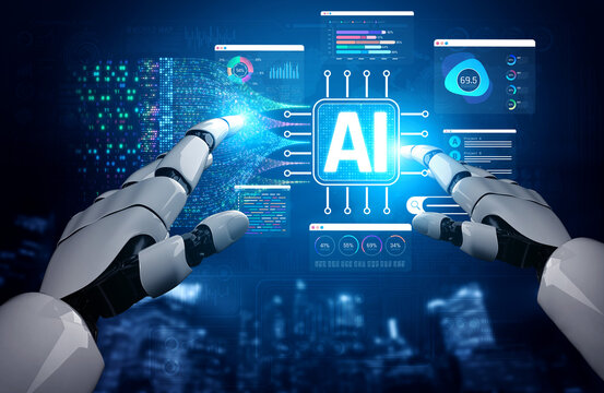 Futuristic Robotic Hands Interacting with Artificial Intelligence Interface and Data Analytics Visualizations Sigmoid