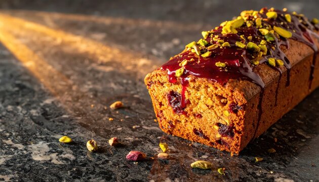 A tempting slice of fruitcake adorned with a glossy berry glaze and scattered pistachios, presented on a textured surface.