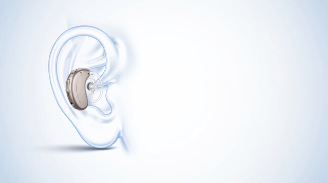 Modern hearing aid device fitted on a stylized human ear illustration, audiology medical concept