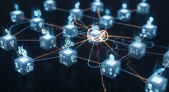 Futuristic Digital Network Cloud Hub with Connected Cubes