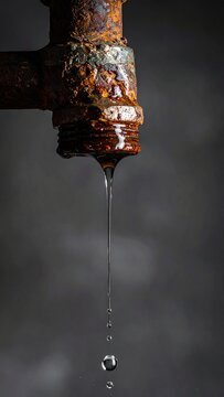 Close up of corroded metal water pipe with slow drip of water forming at the end