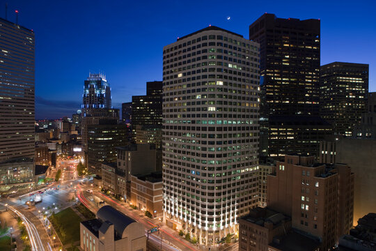 High angle view of a city at dusk