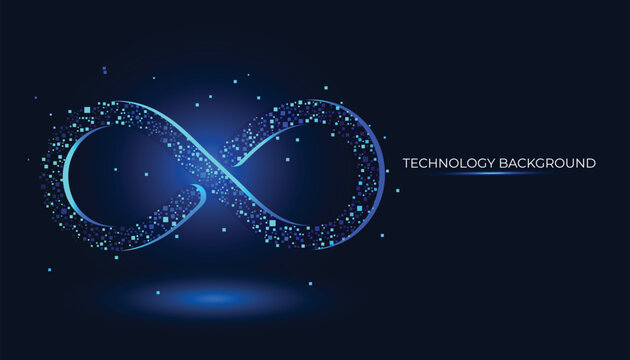 Technology-themed background featuring a floating infinity symbol, multiple moving pixels, and a data-loop aesthetic. A luminous effect and an abundance of pixels create a dynamic, tech, digital