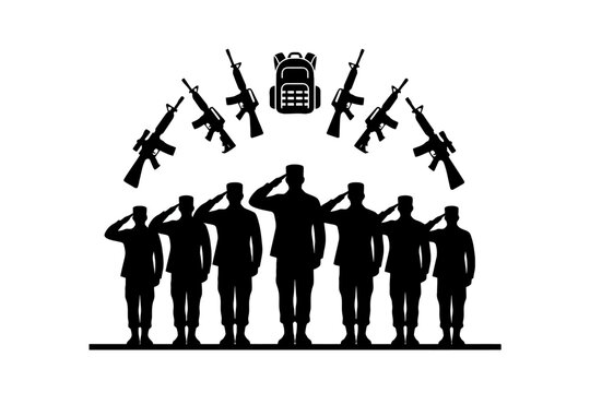 Military Soldier Silhouette Saluting with Assault Rifles and Gear
