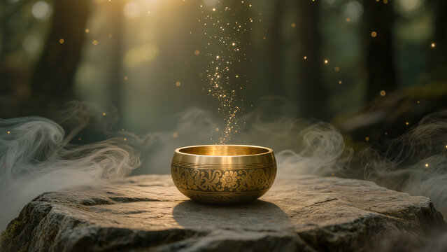 Singing bowl on stone with rising light particles. Sacred forest meditation. Zen healing ritual. Spiritual wellness background.