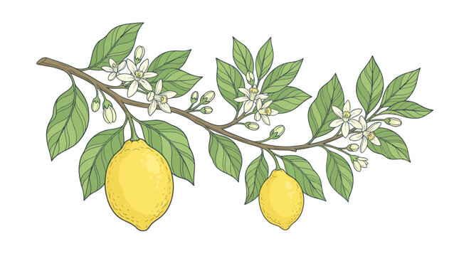 Lemon Branch with Fruit and Blossoms - Hand-drawn Botanical Illustration
