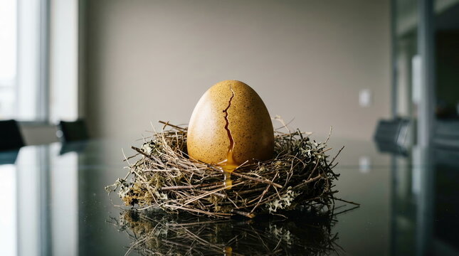 Delicate cracked egg within nest with yolk dripping on polished boardroom table, symbolizing vulnerable assets or startup potential.