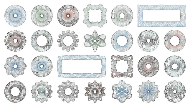 Set of guilloche rosettes and decorative security line frames