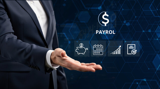 Businessman holding payroll text with dollar, piggy bank, calendar, growth chart and document icons representing salary management, payroll processing, financial planning, employee compensation, and b