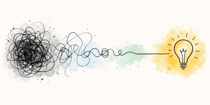 Creative illustration of a lightbulb emerging from a tangled mess of thoughts and ideas