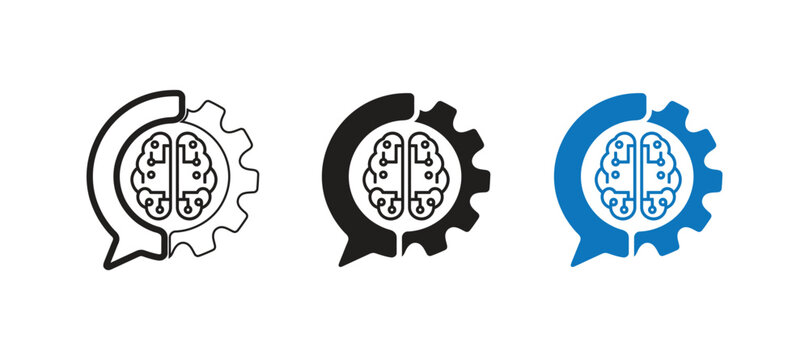 Artificial intelligence logo set featuring brain circuitry combined with gear and speech bubble icons for technology consulting software development machine learning and creative communication firms.